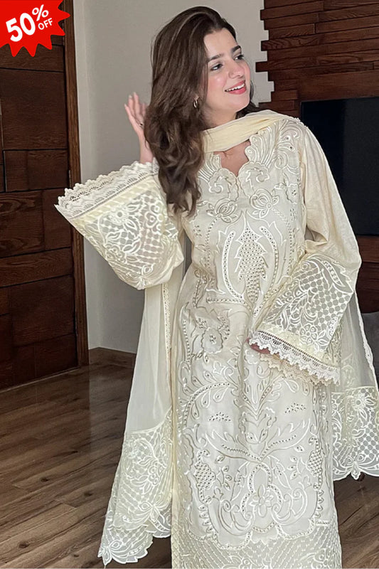3 pcs Cambric Embroidered Dress - Butter Beige Z-0013
